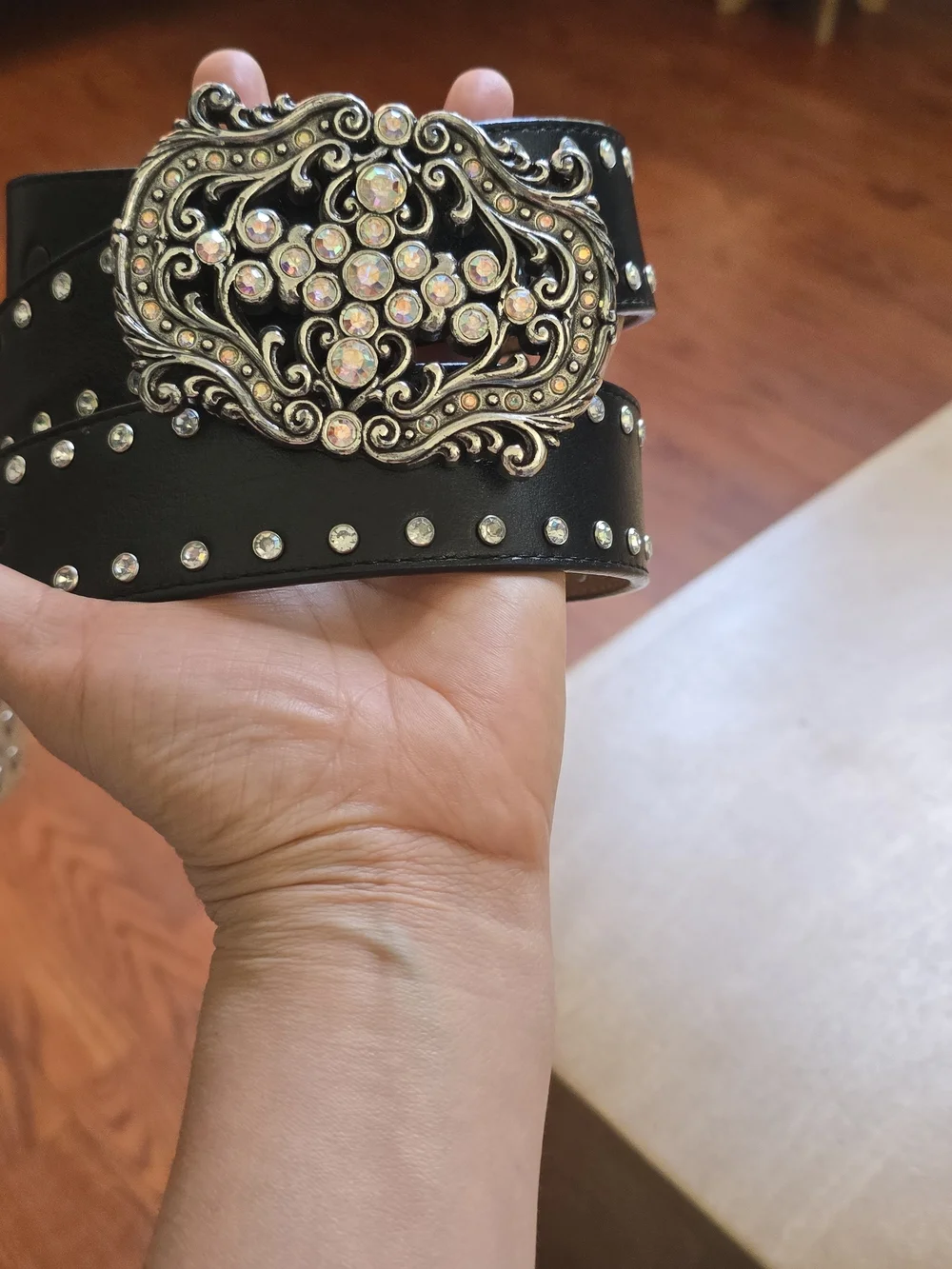 Tony Lama Size 36 Black Leather Bling Belt | Rhinestone Cross Buckle C50423 - Picture 2 of 11